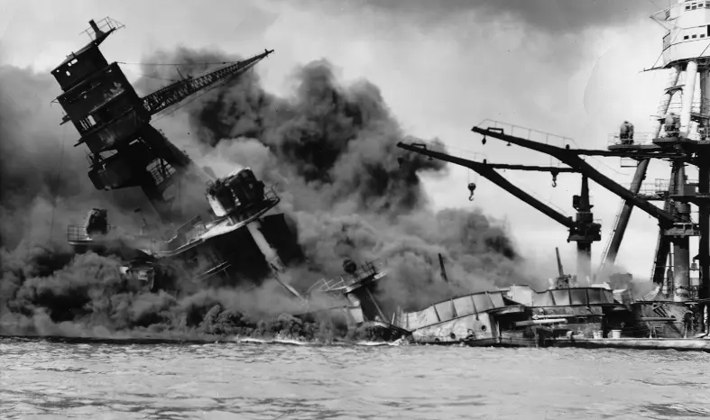 US battleship falling during the Pearl Harbour attack